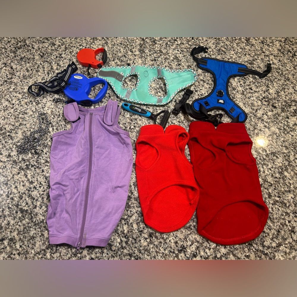 Huge Small Dog Bundle Harnesses, Fleeces, Recovery Vest, Leashes & Grooming Tool